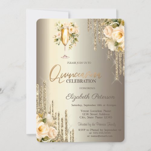 Glitter Drips Floral Champagne Glass Quinceaera  Invitation