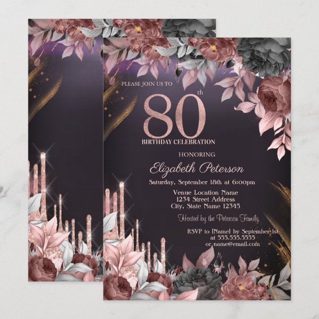  Glitter Drips Floral Dark Purple 80th Birthday  Invitation (Front/Back)