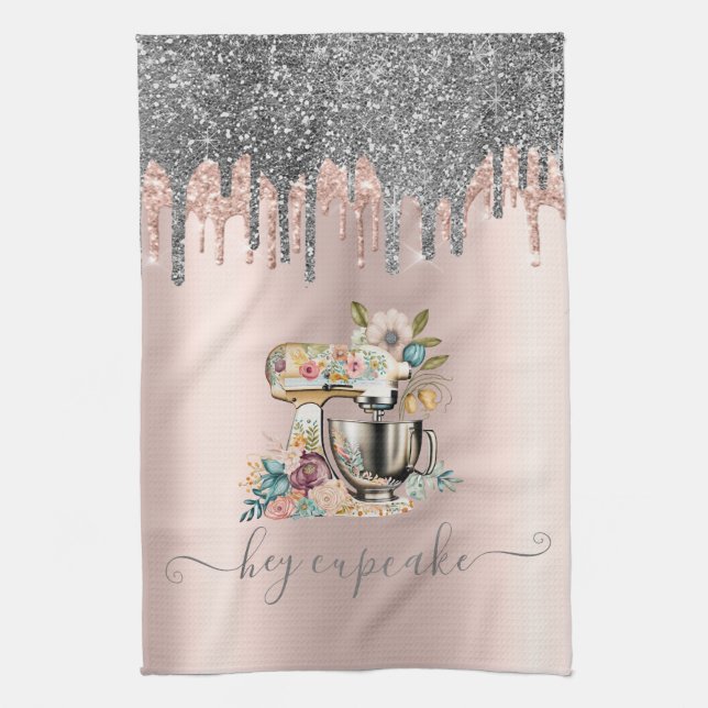 Glitter Drips Floral Mixer Rose Gold  Kitchen Towel (Vertical)