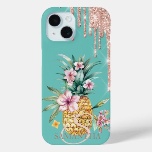  Glitter Drips Floral Pineapple Mint Green iPhone 15 Case