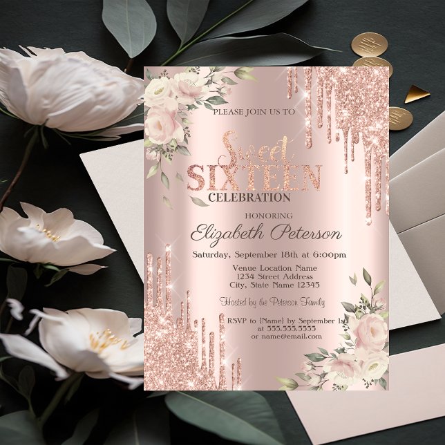  Glitter Drips Floral Rose Gold Floral Sweet 16 Invitation (Creator Uploaded)