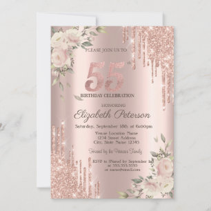 Glitter Drips Floral Rose Gold Your Photo 55h Invitation