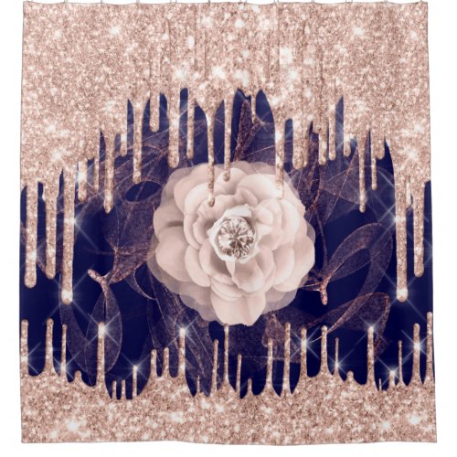 Glitter Drips Flower Diamond Rose Spark Blue Navy Shower Curtain