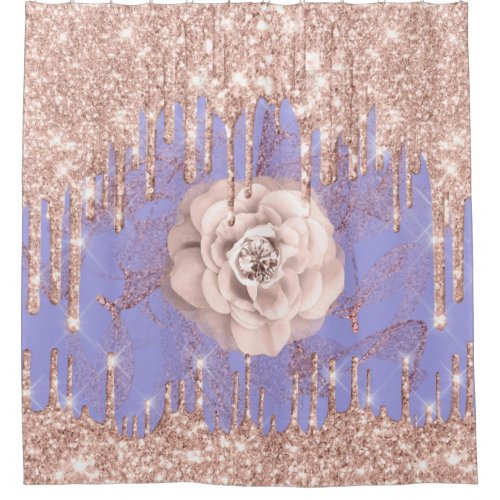 Glitter Drips Flower Diamond Rose Spark Blue Shower Curtain