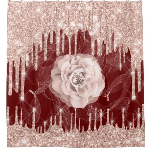 Glitter Drips Flower Diamond Rose Spark Burgundy Shower Curtain