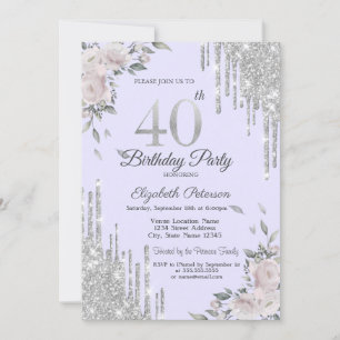 Glitter Drips,Flowers Lavander 40th Birthday Invitation