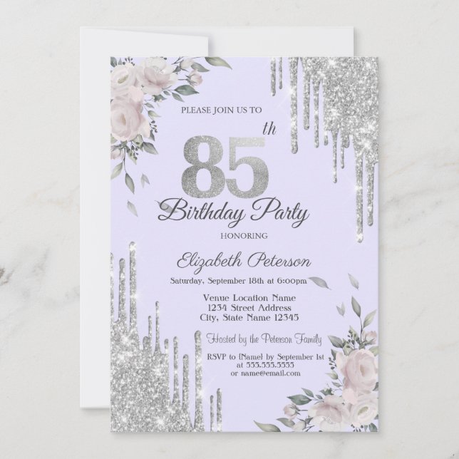 Glitter Drips,Flowers Lavander 85th Birthday Invitation (Front)