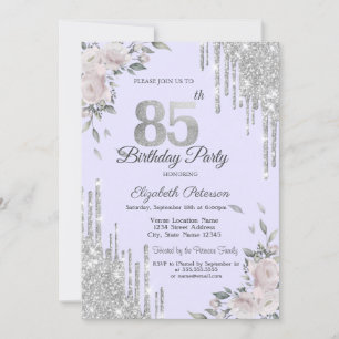 Glitter Drips,Flowers Lavander 85th Birthday Invitation