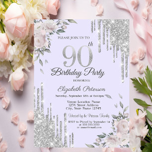 Glitter Drips,Flowers Lavander 90th Birthday Invitation
