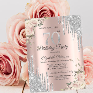 Glitter Drips,Flowers Rose Gold 70th Birthday Invitation