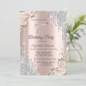 Glitter Drips,Flowers Rose Gold 75th Birthday Invitation (Standing Front)