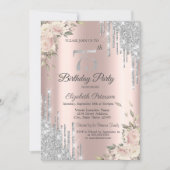 Glitter Drips,Flowers Rose Gold 75th Birthday Invitation (Front)