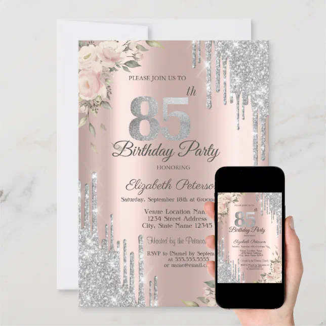 Glitter Drips Flowers Rose Gold 85th Birthday Invitation Zazzle