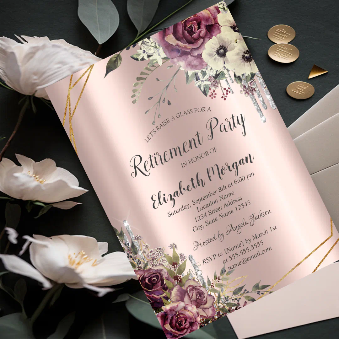 Glitter Drips,Flowers,Rose Gold Retirement Invitation (Creator Uploaded)