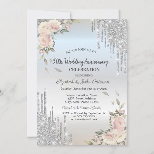 Glitter DripsFlowers Silver  Wedding Anniversary Invitation
