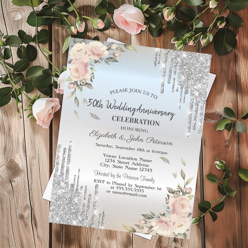 Glitter DripsFlowers Silver  Wedding Anniversary Invitation