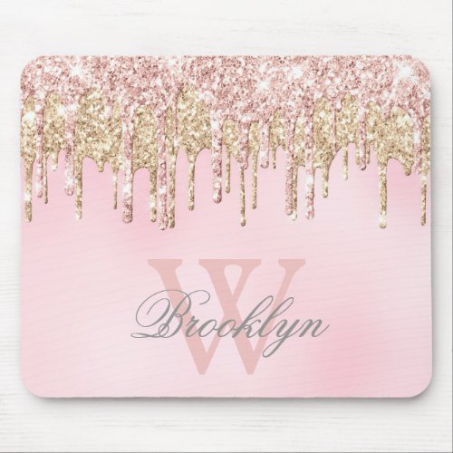 Glitter Drips Girly Blush Pink Rose Gold Monogram Mouse Pad