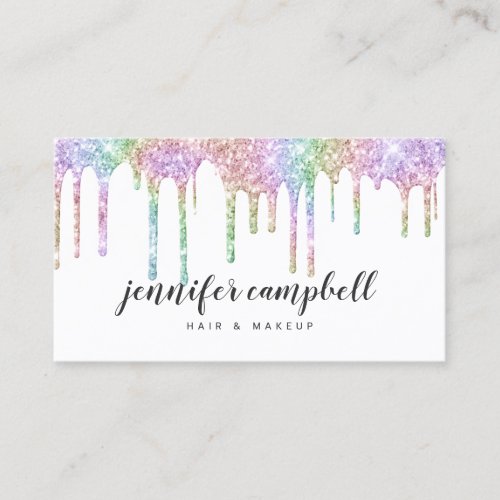 Glitter drips glam makeup hair holographic rainbow business card