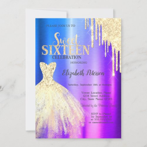  Glitter Drips Gold Dress Ombre Metallic Sweet 16 Invitation