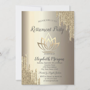 Glitter Drips Gold Lotus Champagne Retirement Invitation