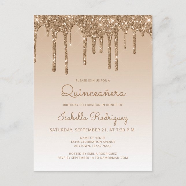 Glitter Drips Gold Quinceañera Party Postcard (Front)