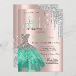 Glitter Drips,Green Dress Rose Gold Sweet 16 Invitation