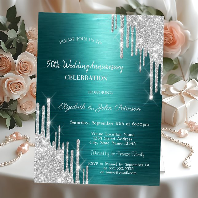 Glitter Drips Green Wedding Anniversary Invitation (Creator Uploaded)