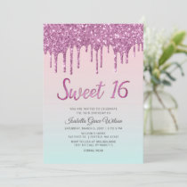 Glitter Drips Holograph Pink Sweet 16 Birthday Invitation