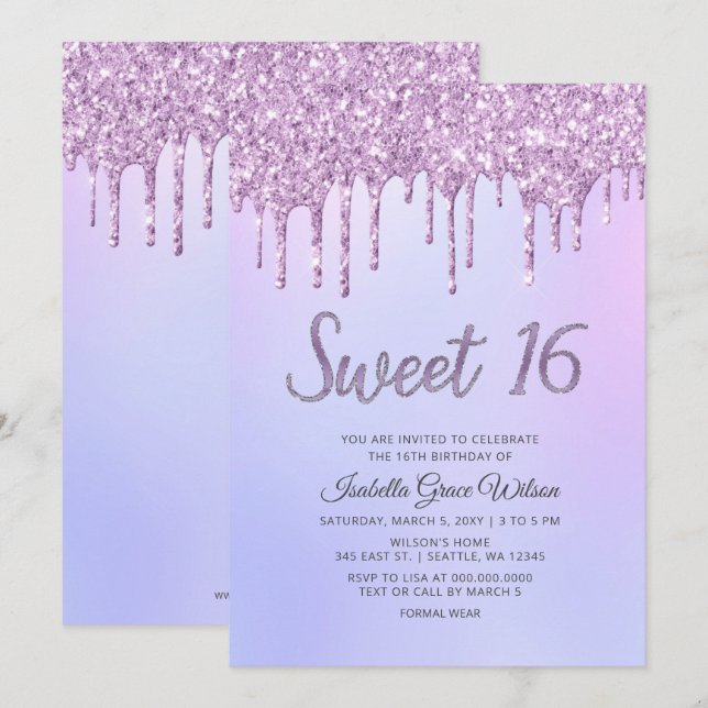 Glitter Drips Holograph Purple Sweet 16 Birthday  Invitation (Front/Back)