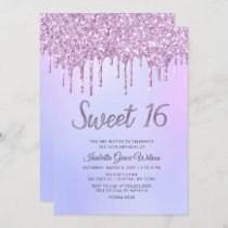 Glitter Drips Holograph Purple Sweet 16 Birthday  Invitation