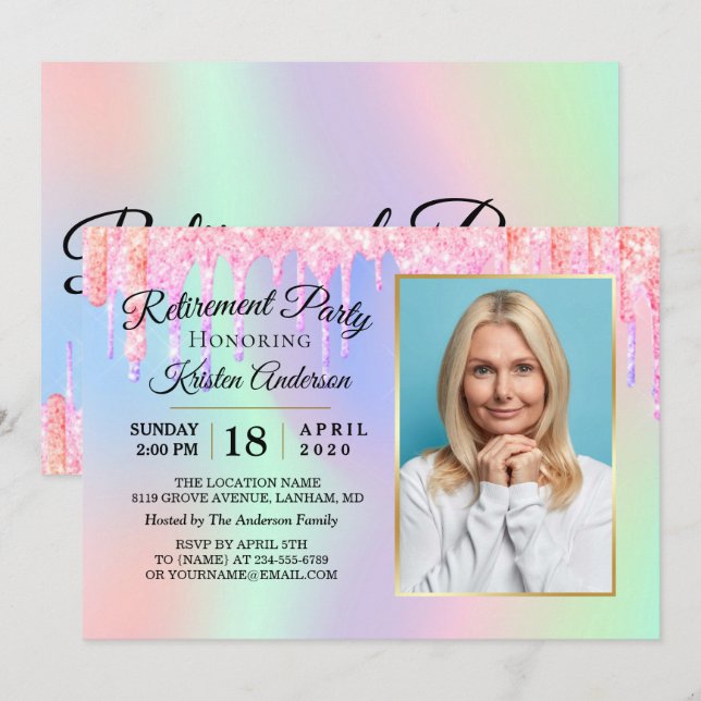 Glitter Drips Holographic Gold Retirement Party Invitation (Front/Back)