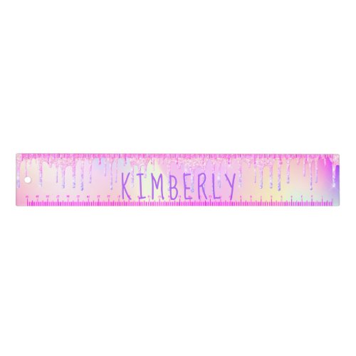 Glitter drips holographic unicorn girl pink name ruler