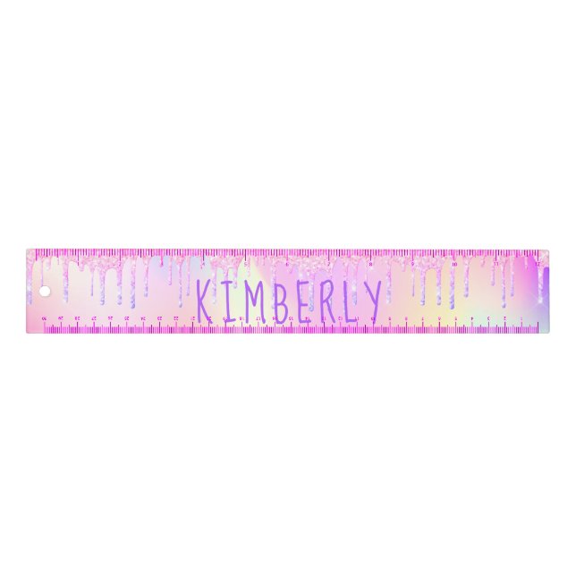 Glitter drips holographic unicorn girl pink name ruler (Front)