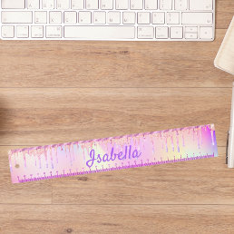 Glitter drips holographic unicorn girl pink name ruler