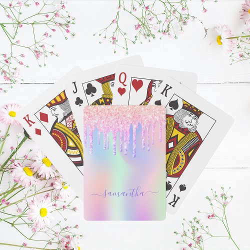 Glitter drips holographic unicorn rainbow monogram playing cards