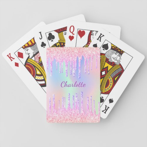 Glitter drips holographic unicorn rainbow monogram poker cards