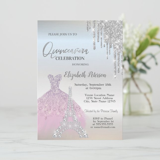 Glitter Drips,Lavander Dress,Eiffel Quinceañera  Invitation (Standing Front)