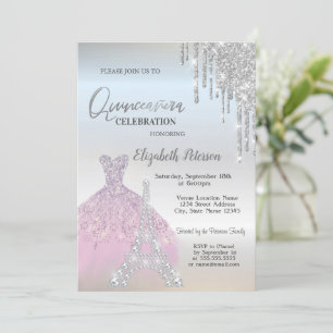 Glitter Drips,Lavander Dress,Eiffel Quinceañera Invitation