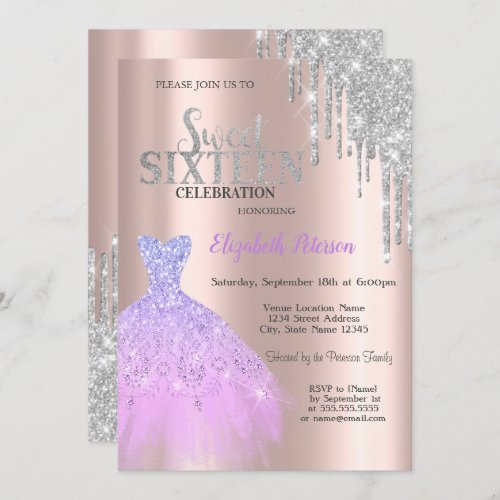 Glitter DripsLavander Dress Rose Gold Sweet 16 Invitation