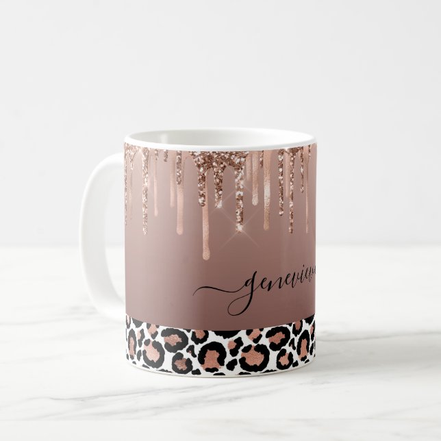 Glitter Drips Leopard Rose Gold Girly  Coffee Mug (Front Left)