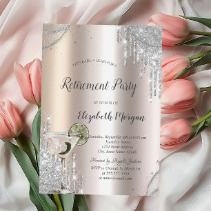 Glitter Drips Martini Rose Gold Retirement Invitation
