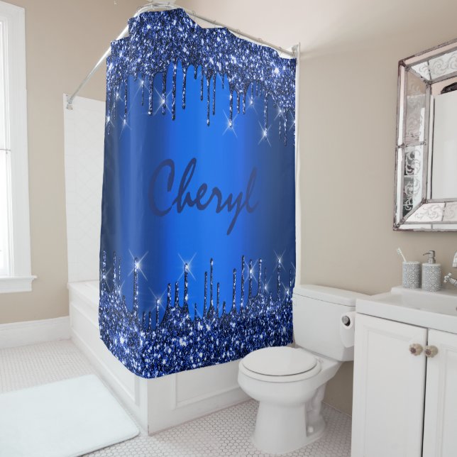 Glitter Drips Name Blue Navy Princess Blue Navy Shower Curtain (In Situ)