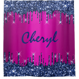 Glitter Drips Name Blue Navy Princess Blue Pink Shower Curtain