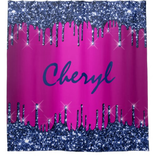 Glitter Drips Name Blue Navy Princess Blue Pink Shower Curtain