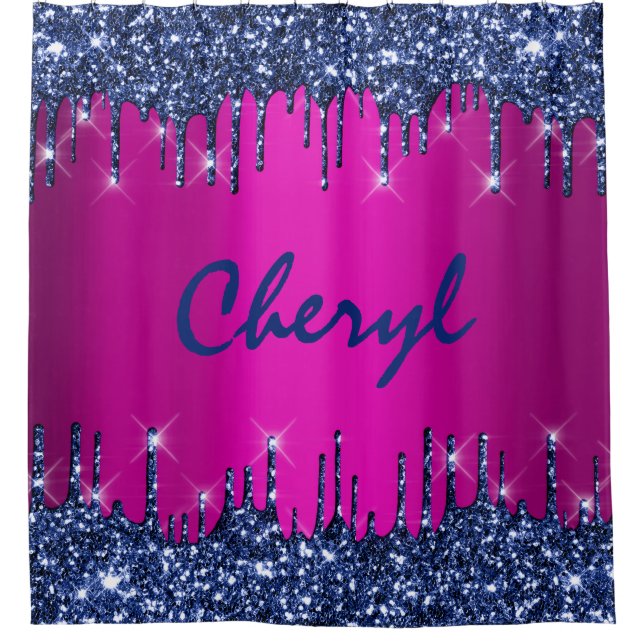 Glitter Drips Name Blue Navy Princess Blue Pink Shower Curtain (Front)