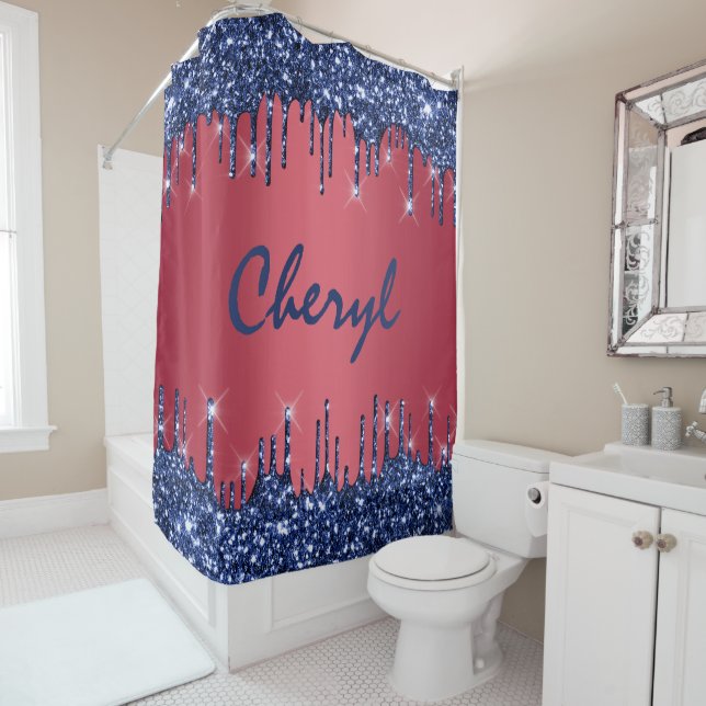 Glitter Drips Name Blue Navy Princess Red Teal Shower Curtain (In Situ)