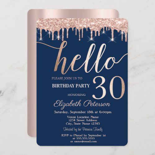 Glitter Drips Navy Blue 30th Birthday Party   Invitation