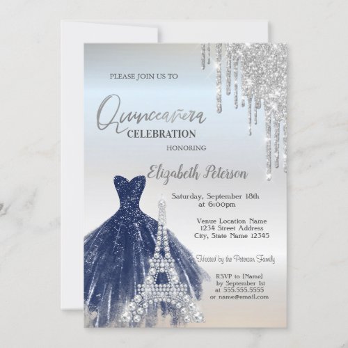 Glitter DripsNavy Blue DressEiffel Quinceaera  Invitation