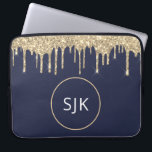 Glitter Drips Navy Blue Gold Girly Monogrammed Laptop Sleeve<br><div class="desc">Luxury Gold and Navy Blue Faux Glitter and Sparkle Elegant Monogrammed Initials Case. This case can be customized to include your initial and first name.</div>