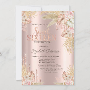 Glitter Drips,Pampas Grass Flowers Sweet 16 Invitation